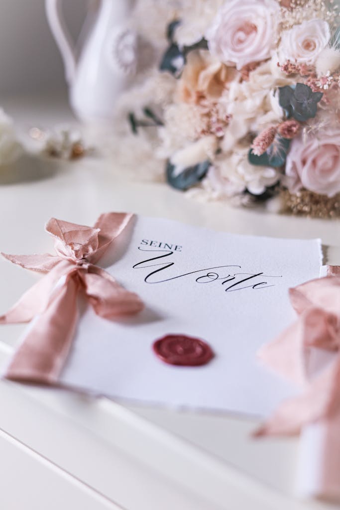 Papeterie de mariage élégante avec ruban rose : une touche de douceur immortalisée avec poésie par le Studio Vauban pour un mariage à Jeanménil.